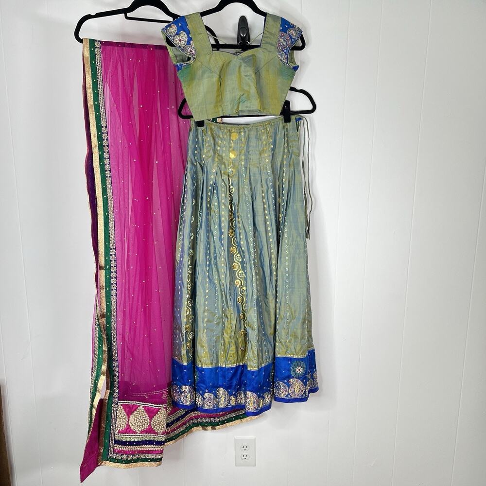 Indian Lehenga Choli Dupatta Green Blue Pink Wedding Festival Outfit 3 Pc